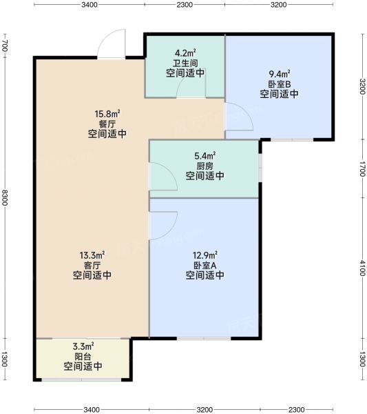 北京北汽潮白水悦2室2厅1卫1厨92.00㎡户型图-北京房天下