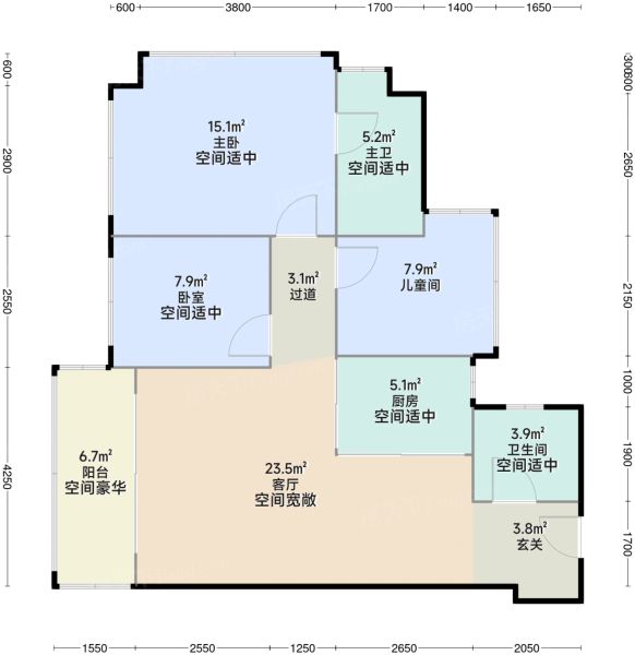 深圳润宏城3室2厅2卫1厨92.00㎡户型图-深圳房天下