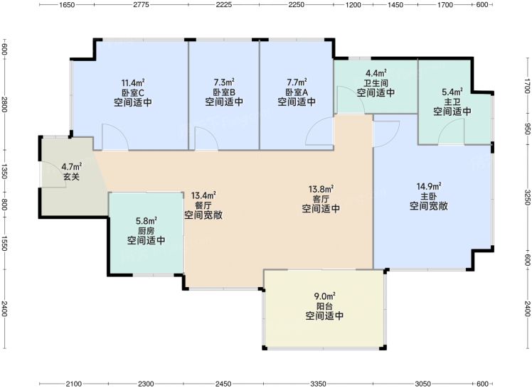 深圳润宏城4室2厅2卫1厨108.00㎡户型图-深圳房天下