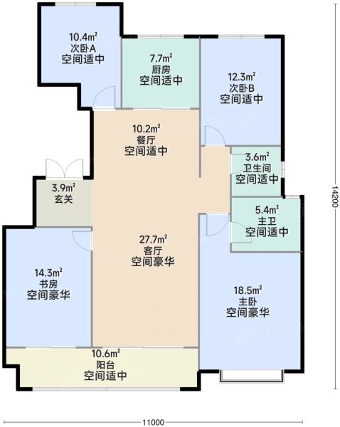 西安长建·翠景台4室2厅2卫1厨142.00㎡户型图-西安房天下