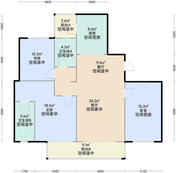 成都卓越.云门锦绣3室2厅2卫1厨130.00㎡户型图-成都房天下