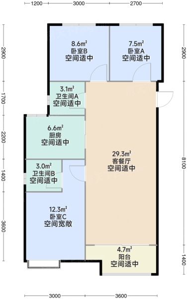 太原太原诺德逸宸云著3室2厅2卫1厨99.00㎡户型图-太原房天下