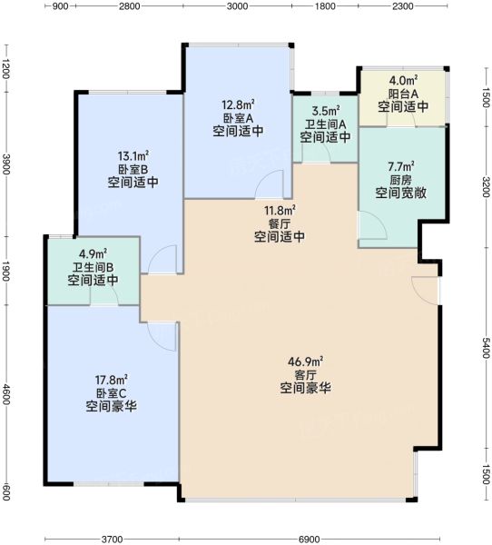成都华润置地静安府3室2厅2卫1厨132.00㎡户型图-成都房天下