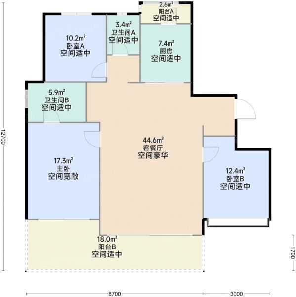 西安润玺臺3室2厅2卫1厨126.00㎡户型图-西安房天下