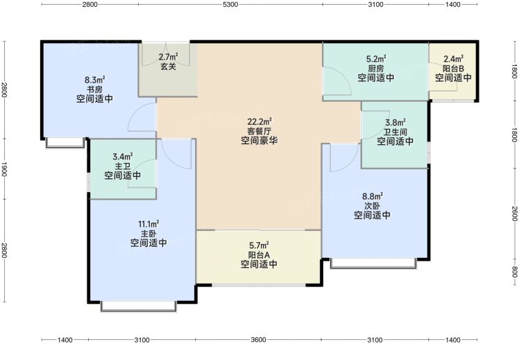 重庆中建壹品南滨星光城3室2厅2卫1厨88.69㎡户型图-重庆房天下