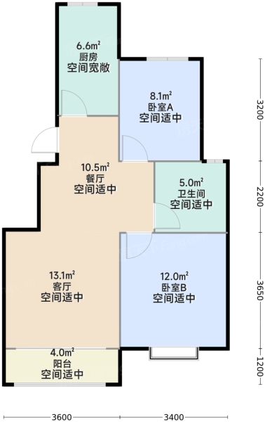 天津中交上东湾·悦海2室2厅1卫1厨77.00㎡户型图-天津房天下