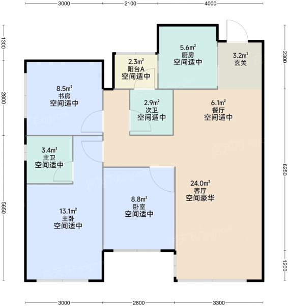 成都华润置地|建发房产 天府和鸣3室2厅2卫1厨90.00㎡户型图-成都房天下