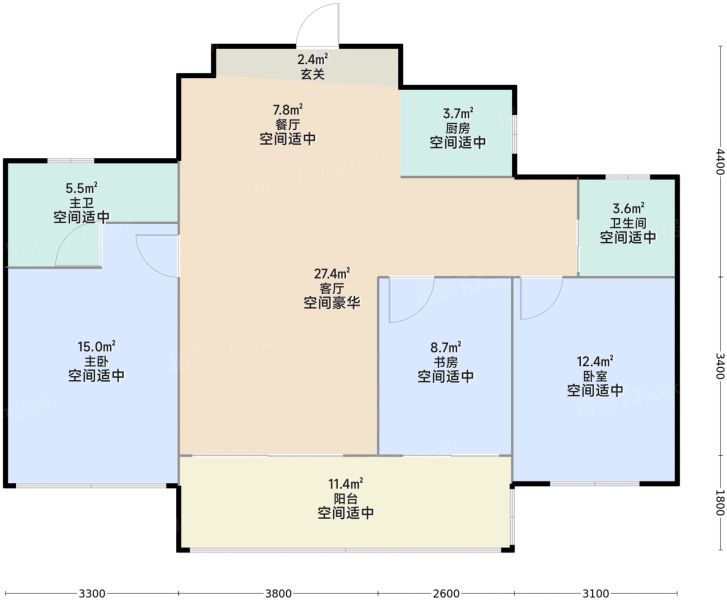 杭州龙湖亚伦·金沙御湖境3室2厅2卫1厨113.00㎡户型图-杭州房天下