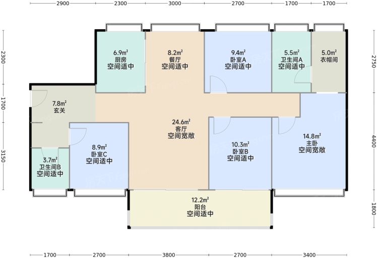 东莞一湾云璟·观境4室2厅2卫1厨127.00㎡户型图-东莞房天下
