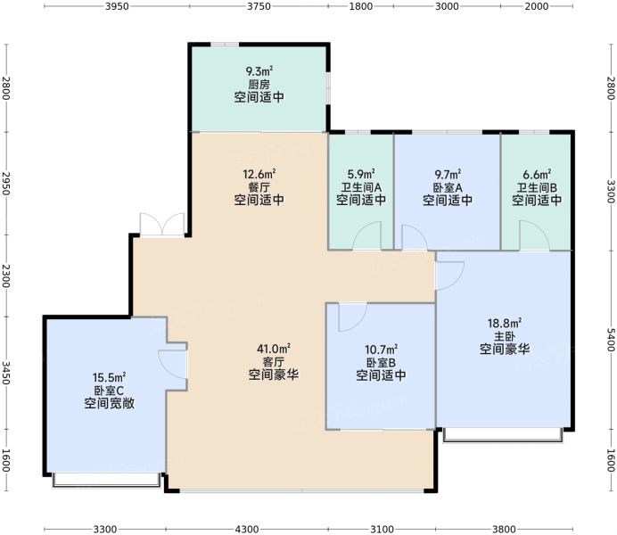 温州华润置地瑞府3室2厅2卫1厨170.00㎡户型图-温州房天下