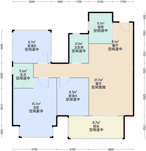 南宁华润置地江南中心3室2厅2卫1厨89.00㎡户型图-南宁房天下