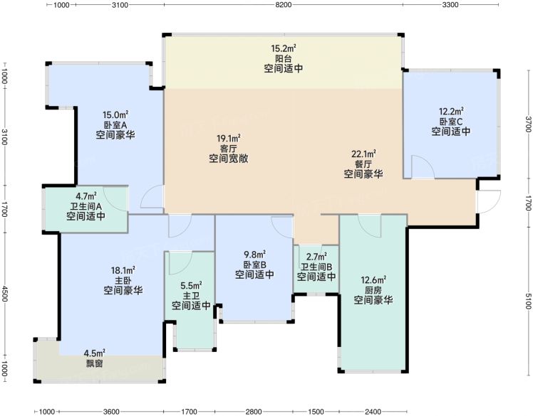 南宁荣和凤岭学府4室2厅2卫1厨143.00㎡户型图-南宁房天下