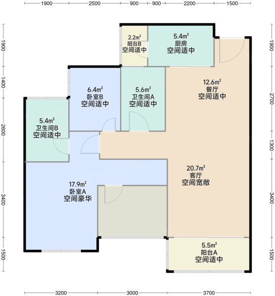 深圳仁恒公园世纪3室2厅2卫1厨99.00㎡户型图-深圳房天下