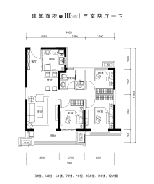 招商时代主场3室2厅1厨1卫建面103.00㎡