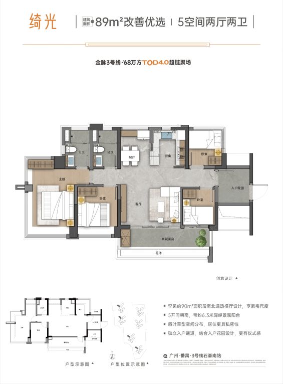广州地铁地产·珑曜上城89㎡三房户型解析:总价2字头买三房值得吗?