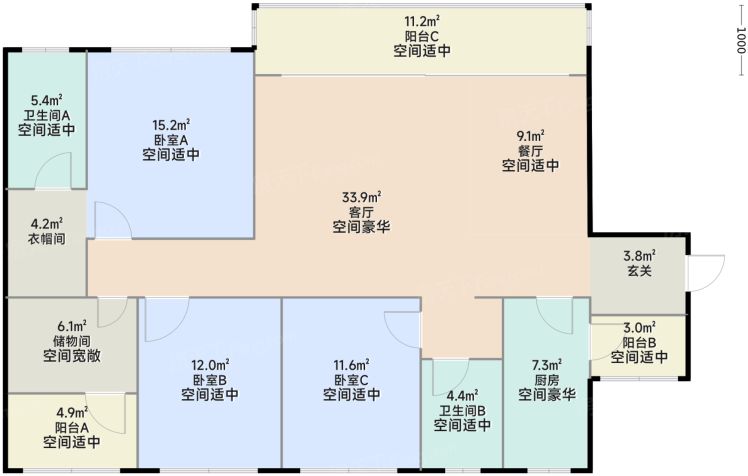 佛山信业阳光城·檀悦4室2厅2卫1厨130.00㎡户型图-佛山房天下