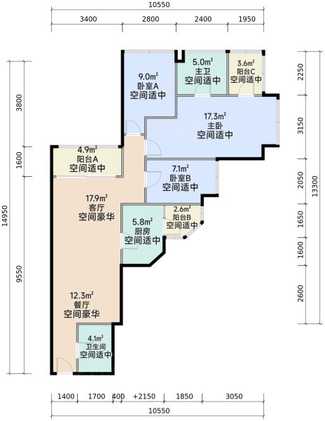 重庆御峰·誉都3室2厅2卫1厨104.00㎡户型图-重庆房天下
