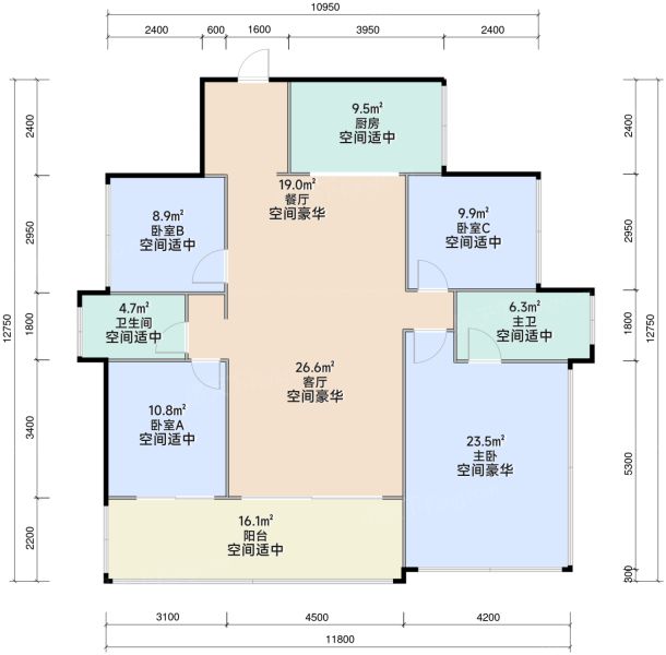 东莞旗峰润府4室2厅2卫1厨143.00㎡户型图-东莞房天下
