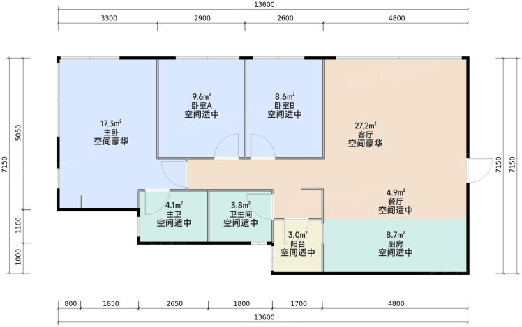 重庆保利时区3室2厅2卫1厨89.00㎡户型图-重庆房天下