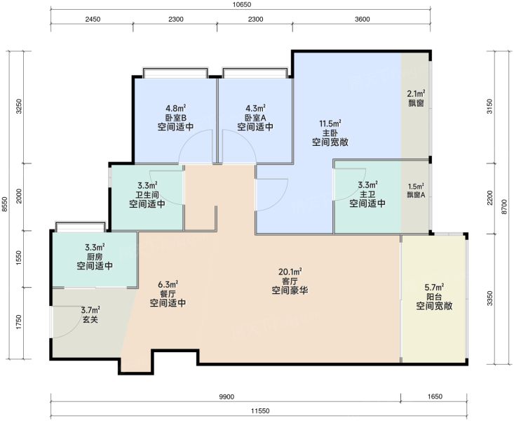 东莞宏发万悦城3室2厅2卫1厨89.00㎡户型图-东莞房天下