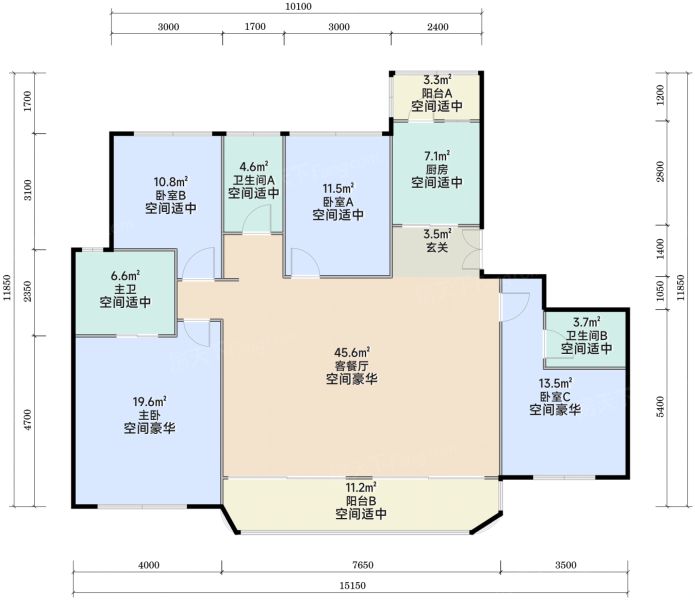 成都华兴滨江锦宸4室2厅2卫1厨159.00㎡户型图-成都房天下
