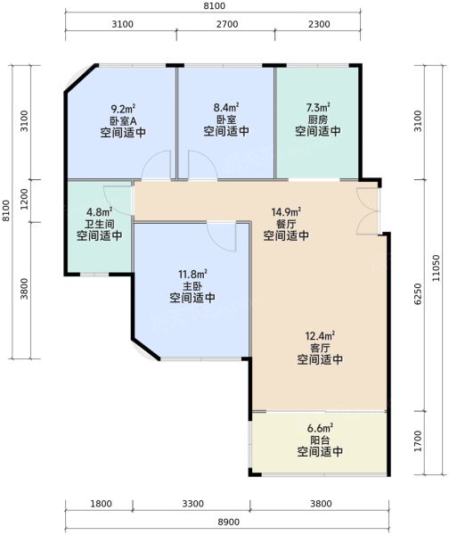 成都天府壹号院3室2厅1卫1厨90.00㎡户型图-成都房天下